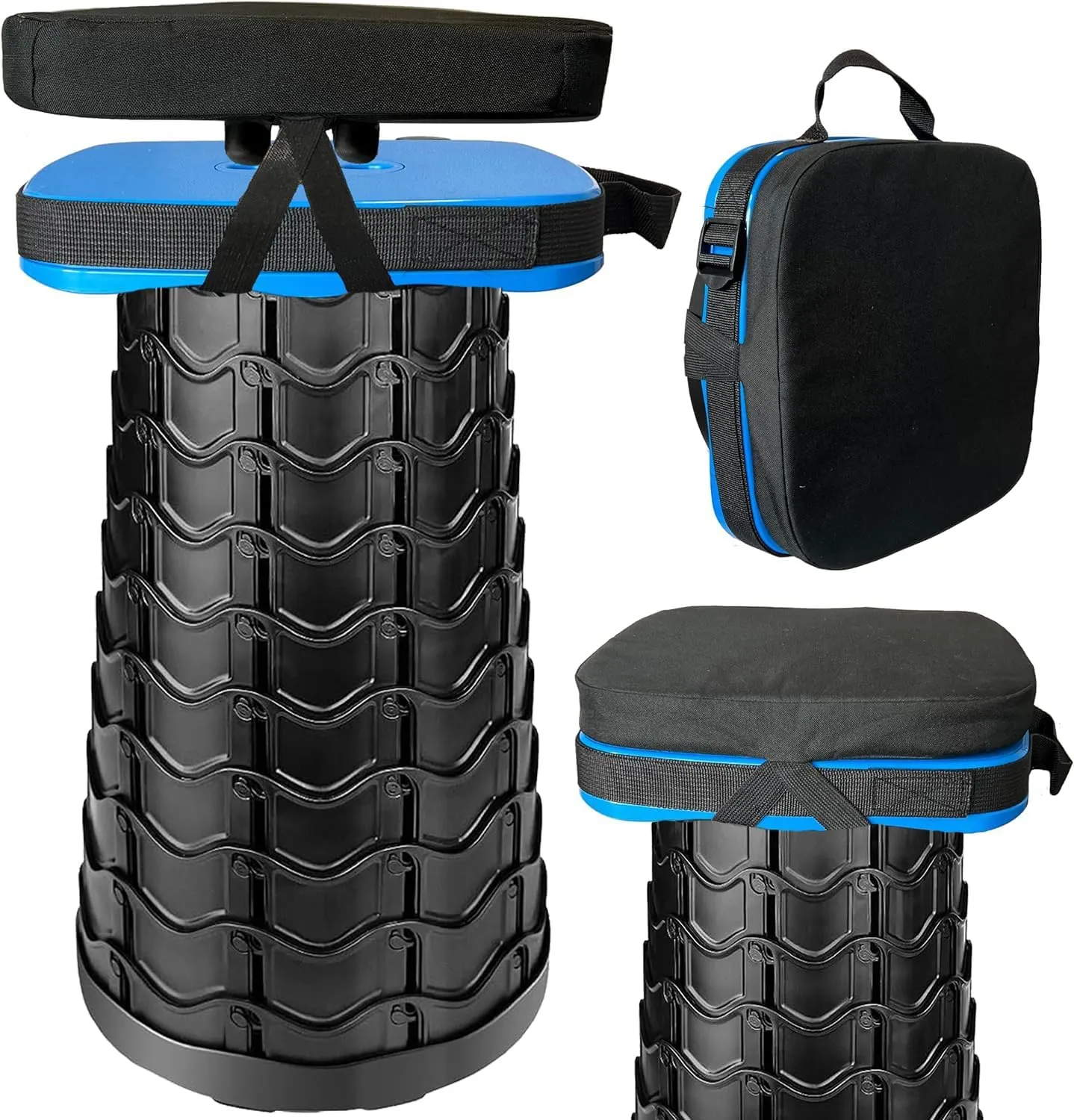 Portable Collapsible Stool Set - Heavy Duty Square Foldable Stool   Thick Seat Cushion - 550lbs Load Capacity for Camping Travel Picnic Gardening (Blue/Black)