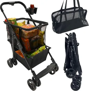 Portable Folding Shopping Cart with Wheels, 80lbs Multi Use Grocery Carts with 360 Wheels & Removable Tote Bag, Multifunctional Portable Personal Shopping Carts for Groceries