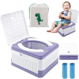 Portable Potty for Toddler Travel, Foldable Travel Potty Training Toilet Seat for Kids Boys Girls, Emergency Mobile Toilet In Car for Camping, Outdoor, Indoor, with 30 Disposable Bags, Purple