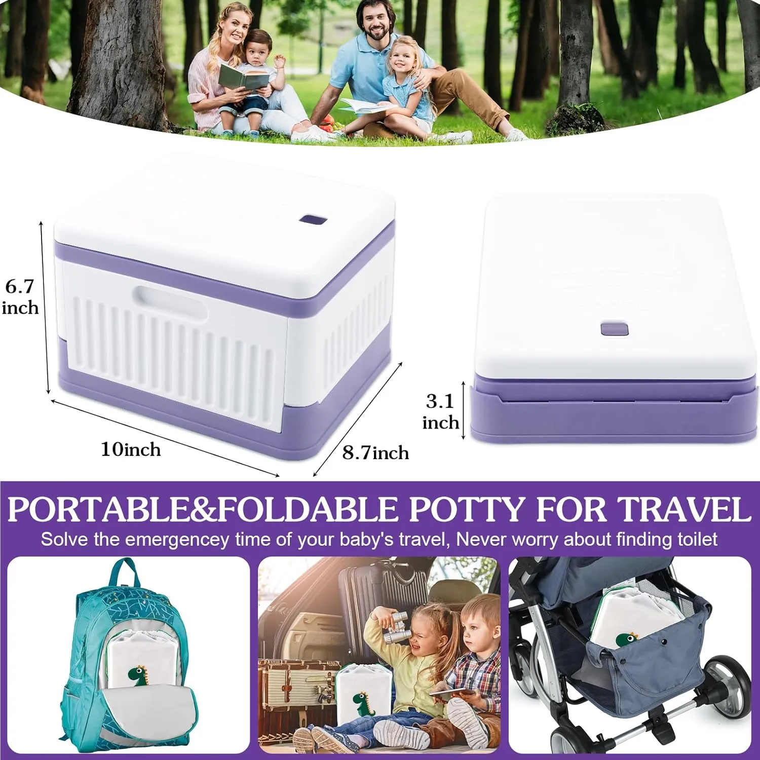 Portable Potty for Toddler Travel, Foldable Travel Potty Training Toilet Seat for Kids Boys Girls, Emergency Mobile Toilet In Car for Camping, Outdoor, Indoor, with 30 Disposable Bags, Purple