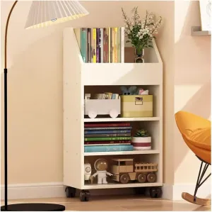 Portable Shopping Cart Bookcase Floor to Floor Storage Rack Movable Wheeled Table Edge Wooden Bookshelf Trolley Grocery Trolley