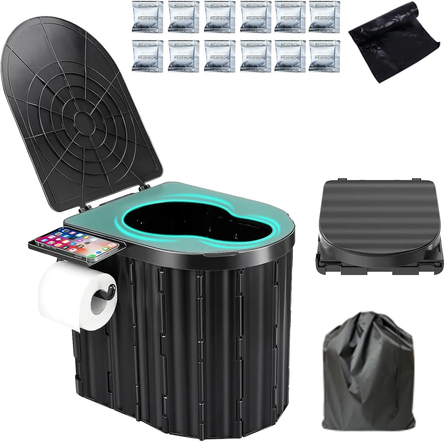Portable Toilet, Camping Toilet with Lid, 14'' Outdoor Toilets with Detachable Bracket, Composting Toilets,Portable Potty for Camping,Outdoor, RV,Tent, Travel,Beach,Car,Hiking