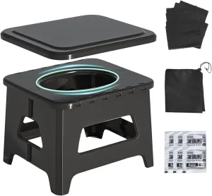 Portable Toilet for Adults, Folding Camping Toilet with Lid & Solidifier, Emergency Seat for Limited Mobility, Compact Potty for Home, RV & Travel, Anti-Slip Design (Black)