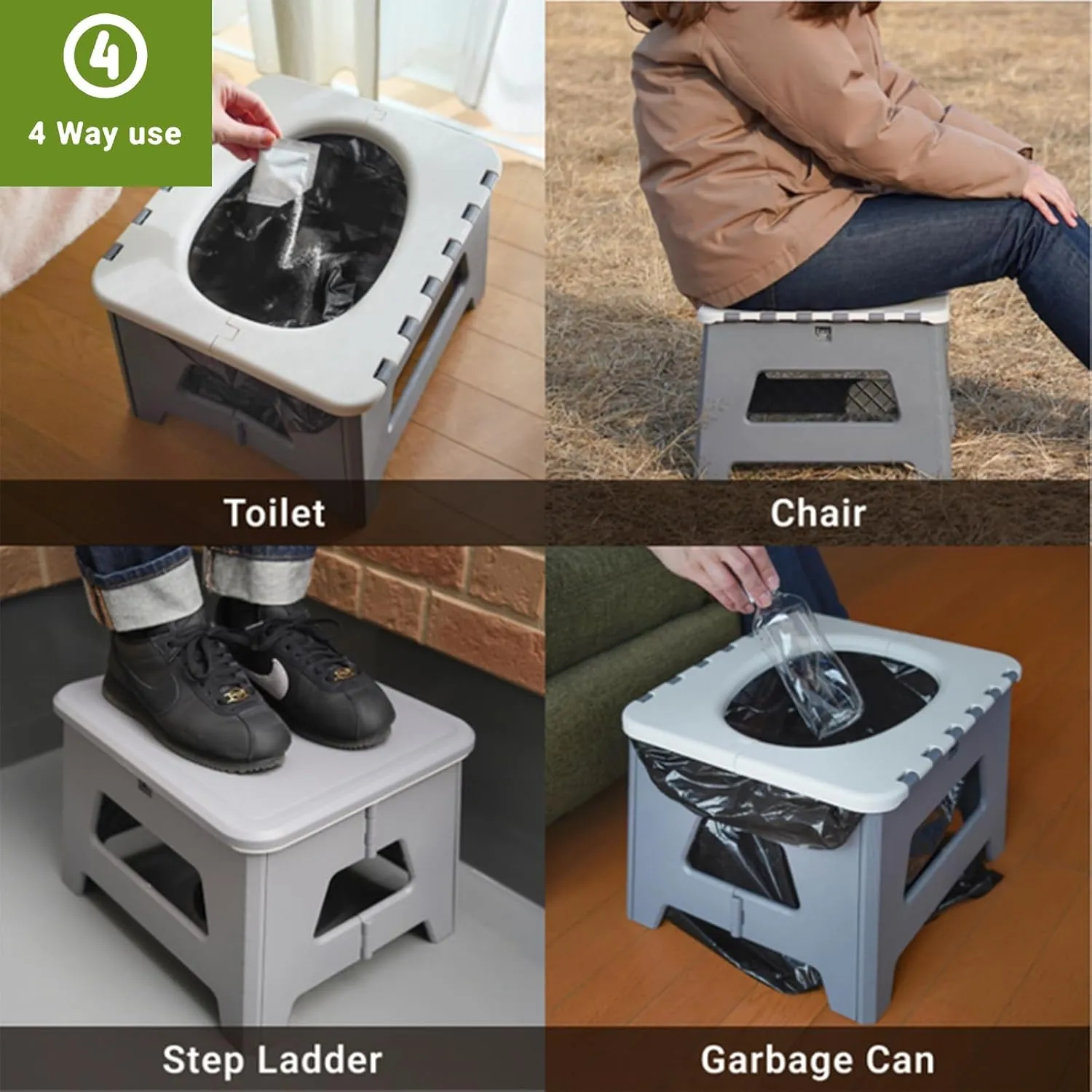 Portable Toilet for Adults, Folding Camping Toilet with Lid & Solidifier, Emergency Seat for Limited Mobility, Compact Potty for Home, RV & Travel, Anti-Slip Design (Black)