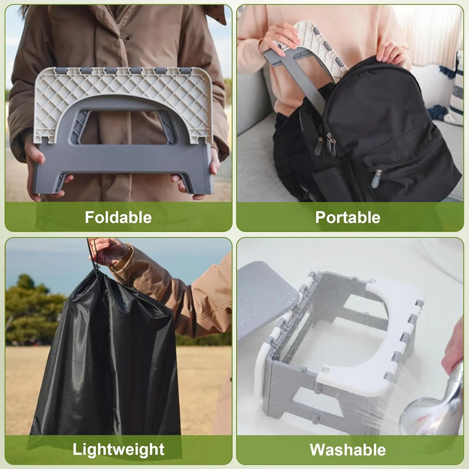 Portable Toilet for Adults, Folding Camping Toilet with Lid & Solidifier, Emergency Seat for Limited Mobility, Compact Potty for Home, RV & Travel, Anti-Slip Design (Black)