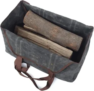 Portable Waterproof Waxed Log Bag, Firewood Log Carrier with Shoulder Strap and Top Handles, Large Capacity Canvas Wood Tote