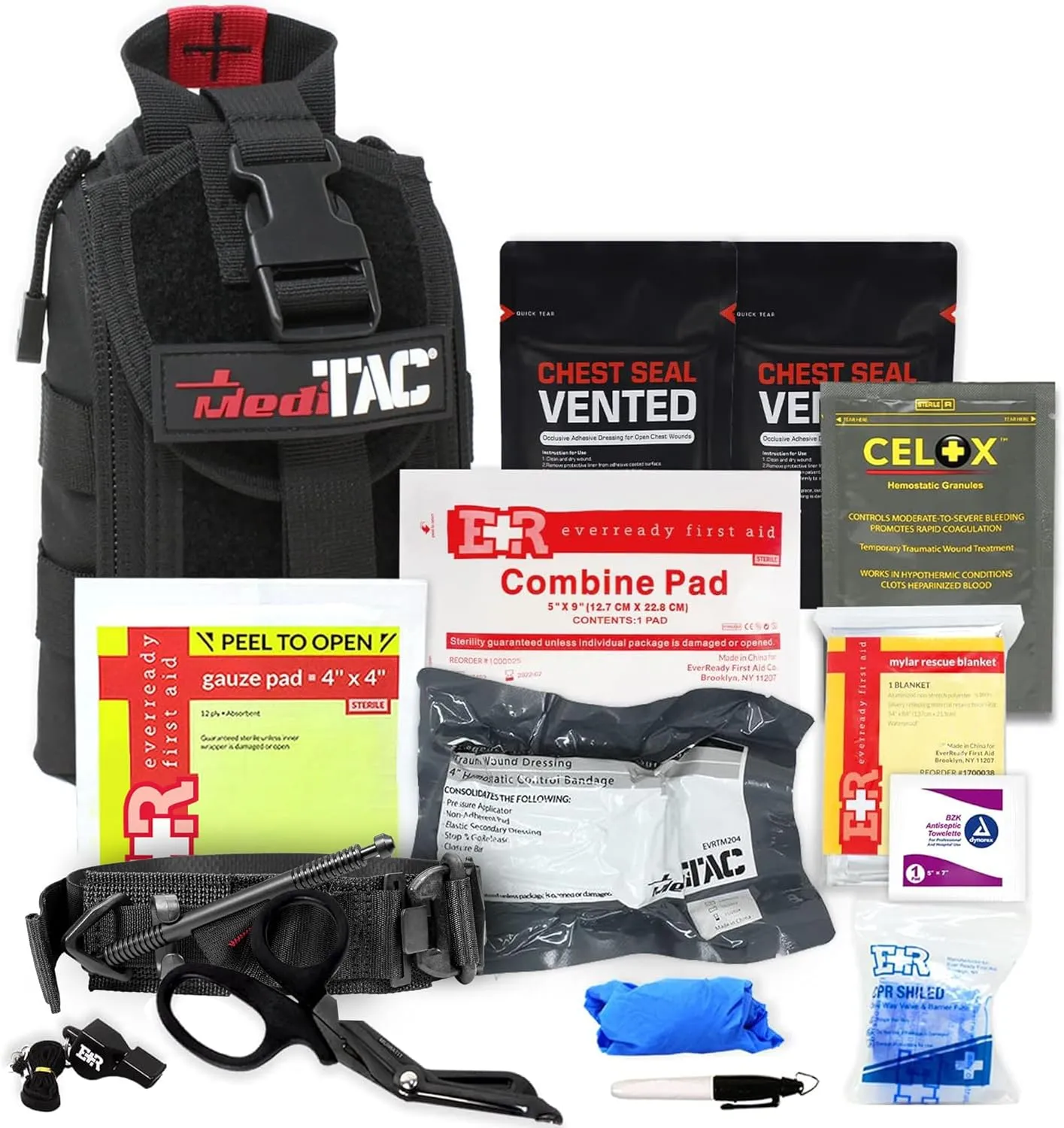 Premium Tactical Trauma IFAK Kit with Celox Hemostatic Granules, SOF Tourniquet and Pressure Bandage in Molle Pouch, Bleeding Control Kit (Black) - FSA/HSA Eligible