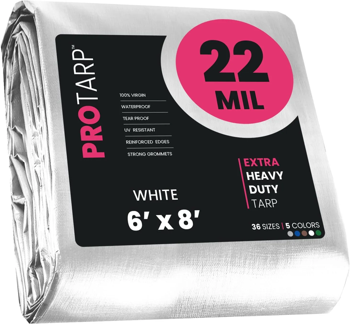 PROTARP Extreme Heavy Duty 22 Mil Tarp Cover, Waterproof, UV Resistant, Rip and Tear Proof, Poly Tarpaulin with Reinforced Edges for Roof, Camping, Patio, Pool, Boat. (White 6′ X 8′)