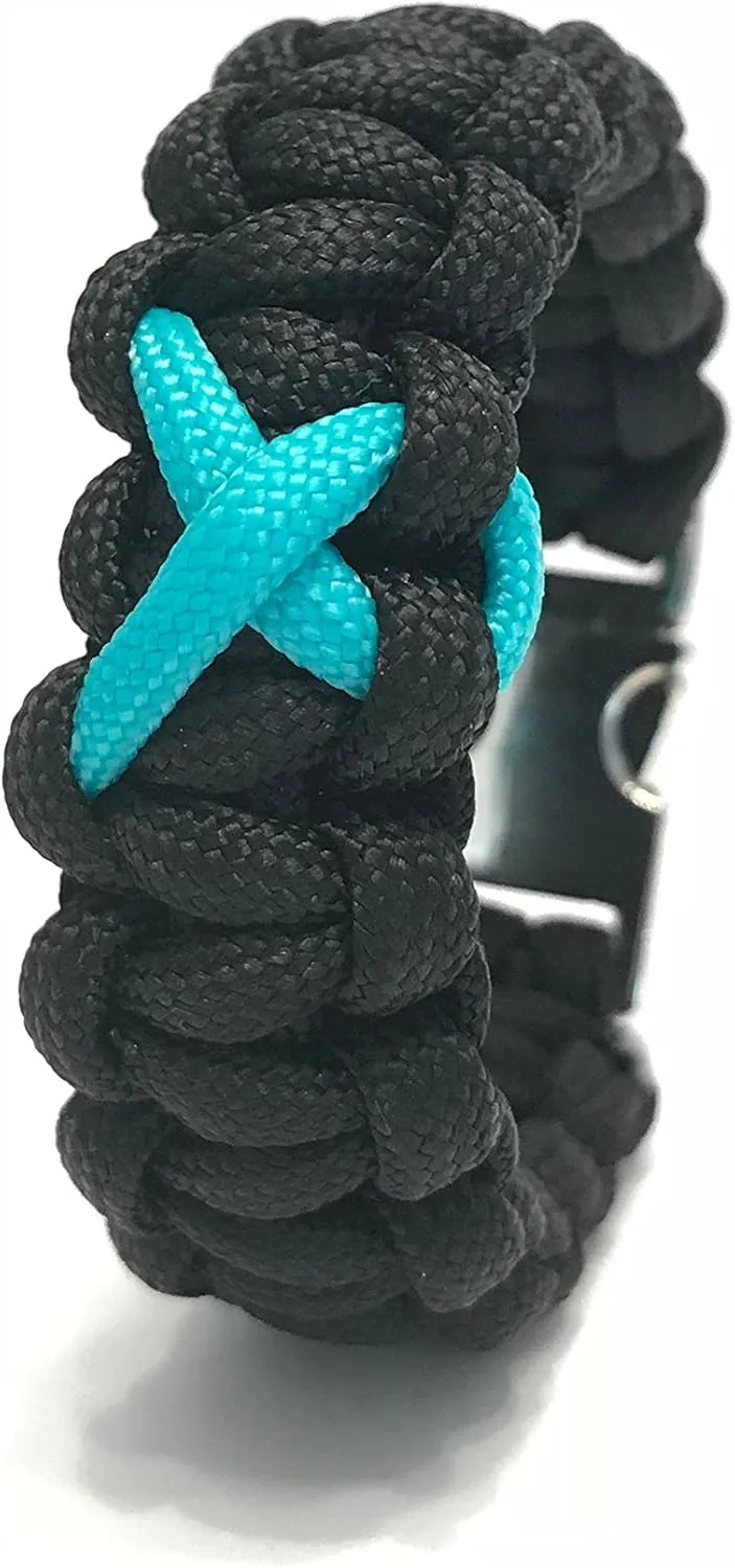PTSD Awareness Teal Ribbon Fitted Black Paracord Jewelry Bracelet