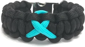 PTSD Awareness Teal Ribbon Fitted Black Paracord Jewelry Bracelet