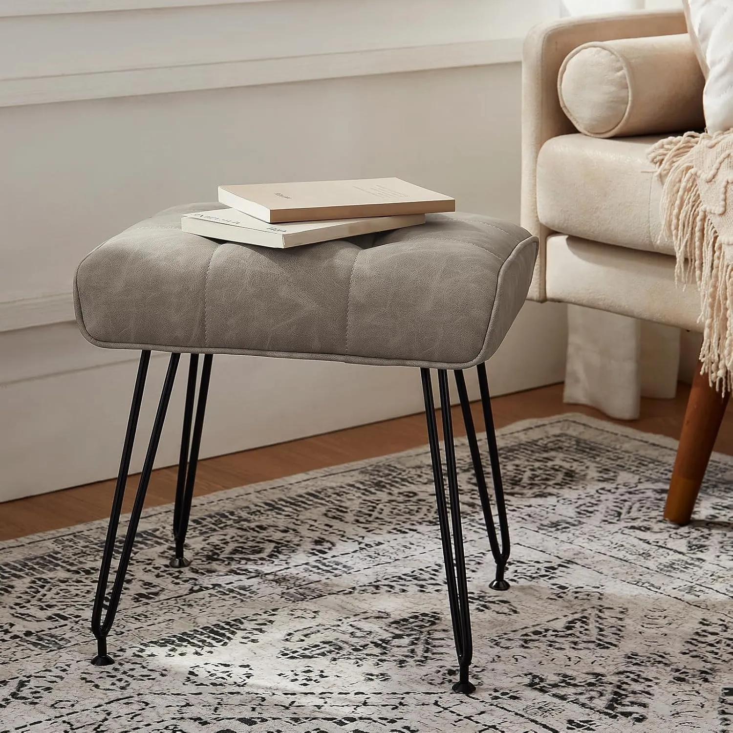 PU Leather Vanity Stools, Vanity Stool Chairs for Makeup Faux Leather Foot Stools Ottoman with Metal Leg Make up Chairs for Vanity Small Bench Seat for Living Room Bedroom (Gray)