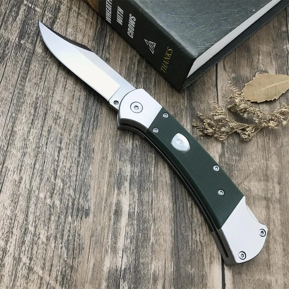 push button assisted opening Folding Knife,440C Stainless Steel Blade, Backlock G10 Handle with Leather Sheath, EDC Pocket Knives for Men (Green)
