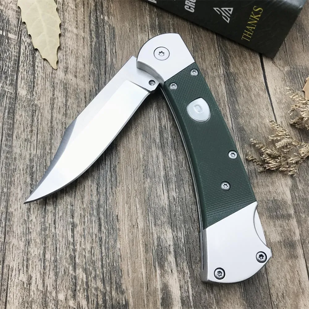push button assisted opening Folding Knife,440C Stainless Steel Blade, Backlock G10 Handle with Leather Sheath, EDC Pocket Knives for Men (Green)