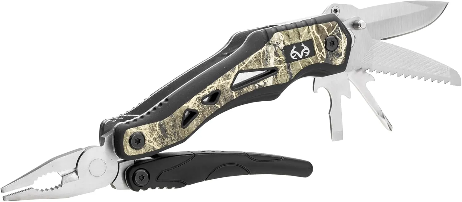 Real Tree Multi Tool 10-in-1 Camo Folding Knife, Full Size Pliers Spring Loaded, 3-Inch Blade, Bottle Opener, Screwdriver, Saw, Wire Cutter, Glass Break, Cut Wood, Rope, Camping, Outdoors - 630049ECE