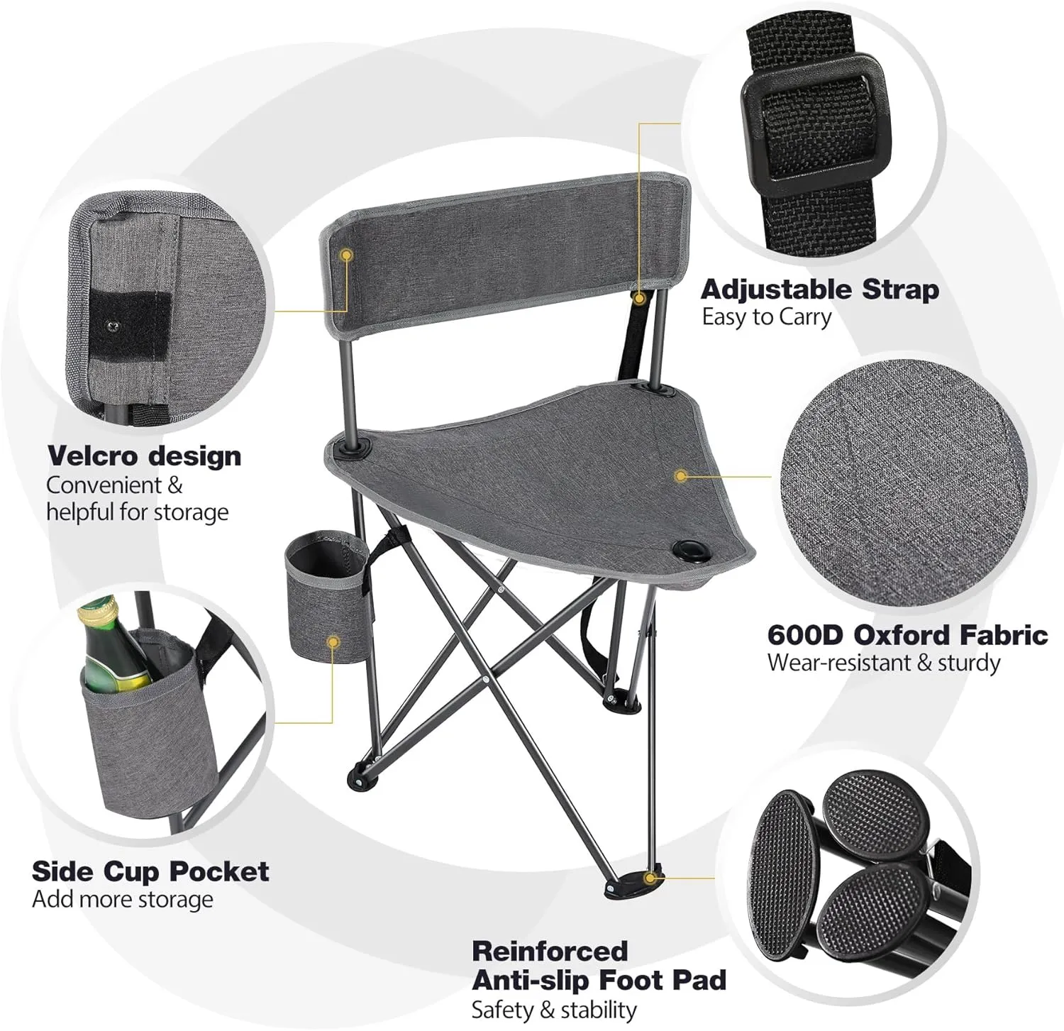 REDCAMP 2 Pack Tall Tripod Chairs for Adults, Folding Lightweight Portable Golf Chairs for Spectators, Compact 3 Legged Tripod Stools Seat with Backrest for Camping Fishing Hunting, Dark Gray