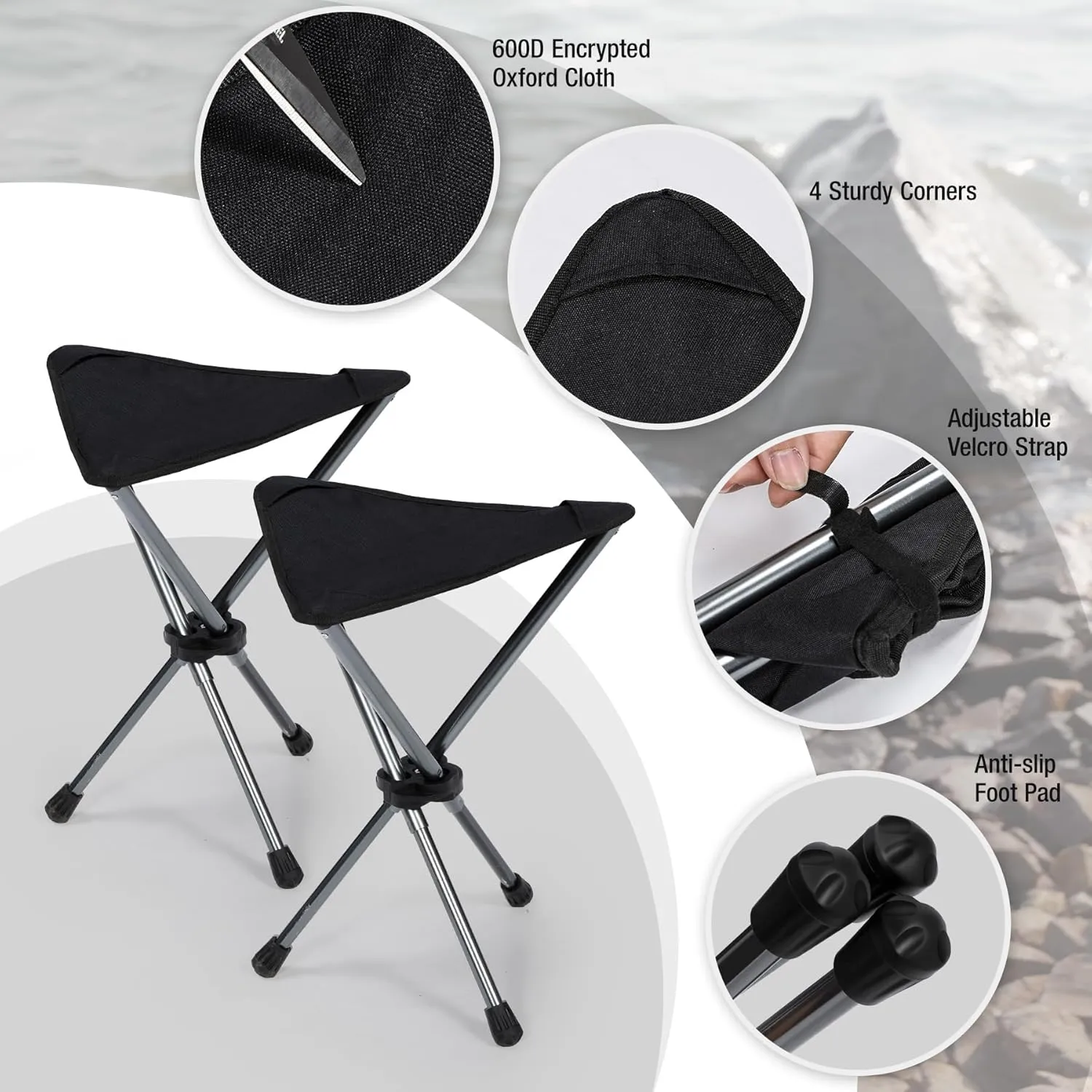 REDCAMP 2 Pack Ultralight Camping stools with Retractable Legs, Portable 3 Legged Tripod Camping Stools for Adults Fishing Backpacking Hunting, Black