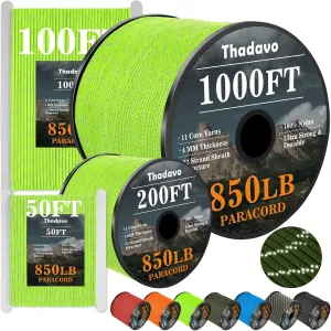 Reflective Paracord Rope 850Ib, 50/100/200/500/1000ft 4MM 11 Strand Parachute Spool Cord, Paracords Lanyard String for Tent, Camping, Clotheline, Hiking, Survival Bracelet, Neon Green 200FT