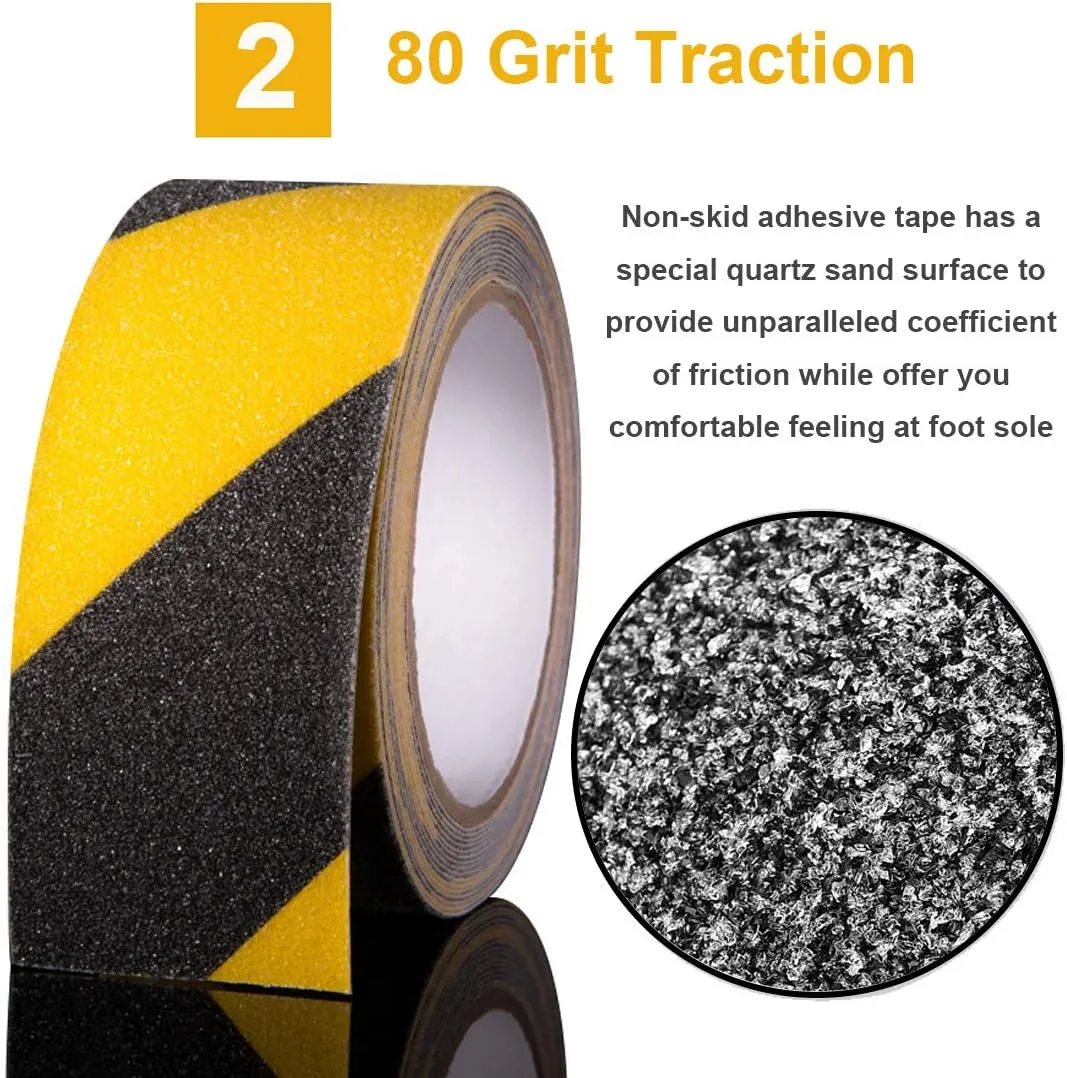 RELIANCER Anti Slip Safety Grip Tape 2inx60ft Non Skid Tread Safety Tape with High Traction Grit Yellow & Black Marking Self-Adhesive Tape Hazard Caution Warning Tape for Stairs Steps Deck