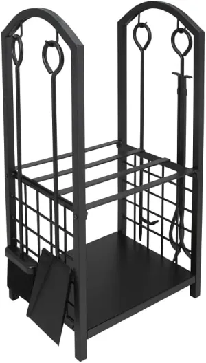 Rocky Mountain Goods Heavy Duty 4 Piece Fireplace Tool Set and Log Holder - Powder Coated Steel - Includes Shovel, Brush, Poker, and Tongs - 18.5" Wide x 12" Deep x 29.25" High