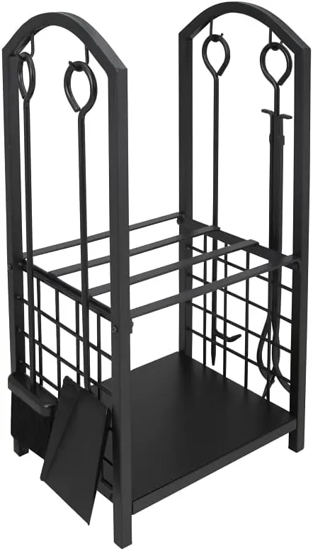 Rocky Mountain Goods Heavy Duty 4 Piece Fireplace Tool Set and Log Holder - Powder Coated Steel - Includes Shovel, Brush, Poker, and Tongs - 18.5" Wide x 12" Deep x 29.25" High