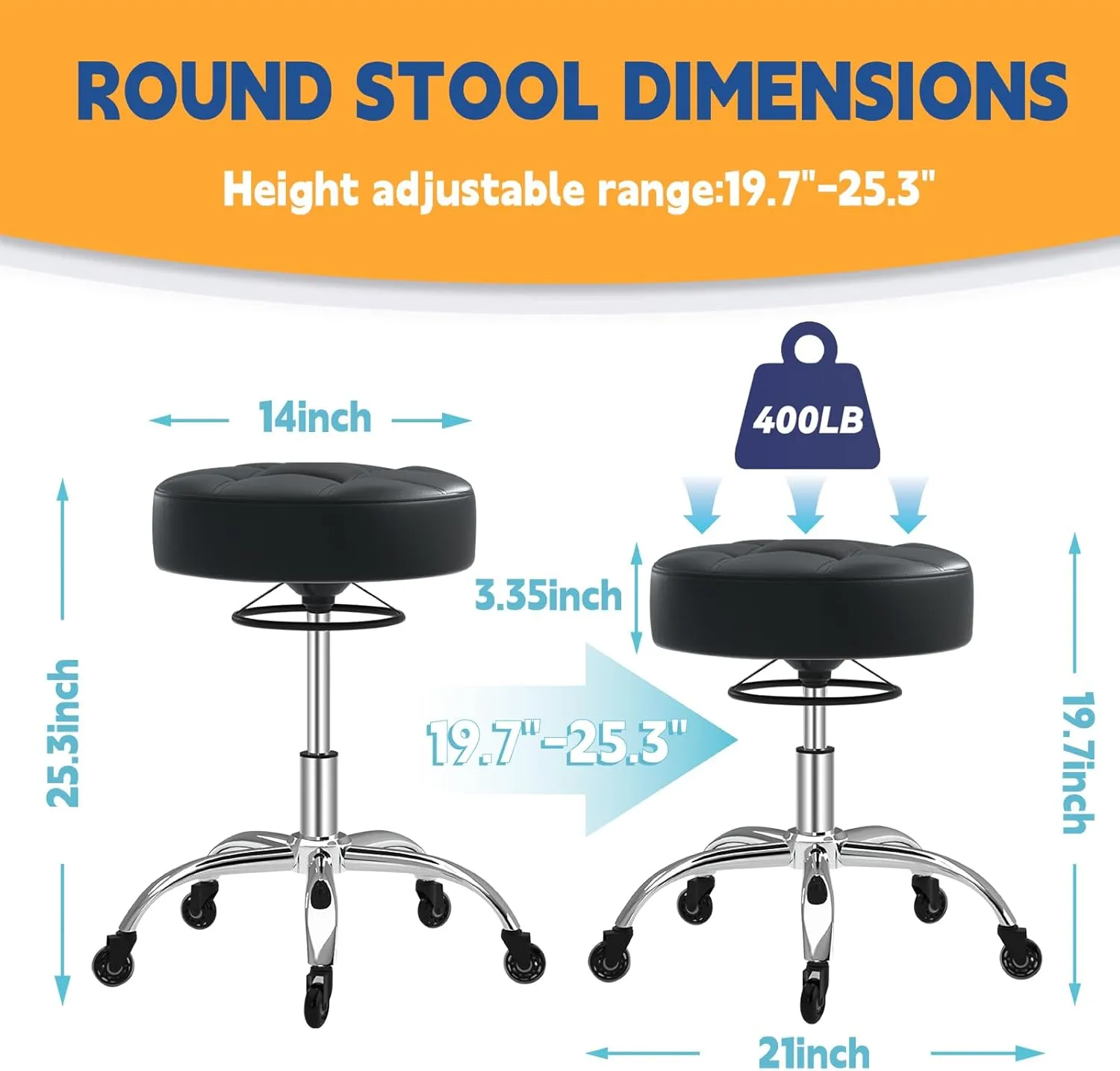 Rolling Stool Heavy Duty 400lb: Super Soft Seat Cushion,360° Swive,Height Adjustability,No Squeaky Noises,No Tip Over,New Upgraded Stool Salon Stool Chair, Tattoo Facial Massage Spa Medical (Black)