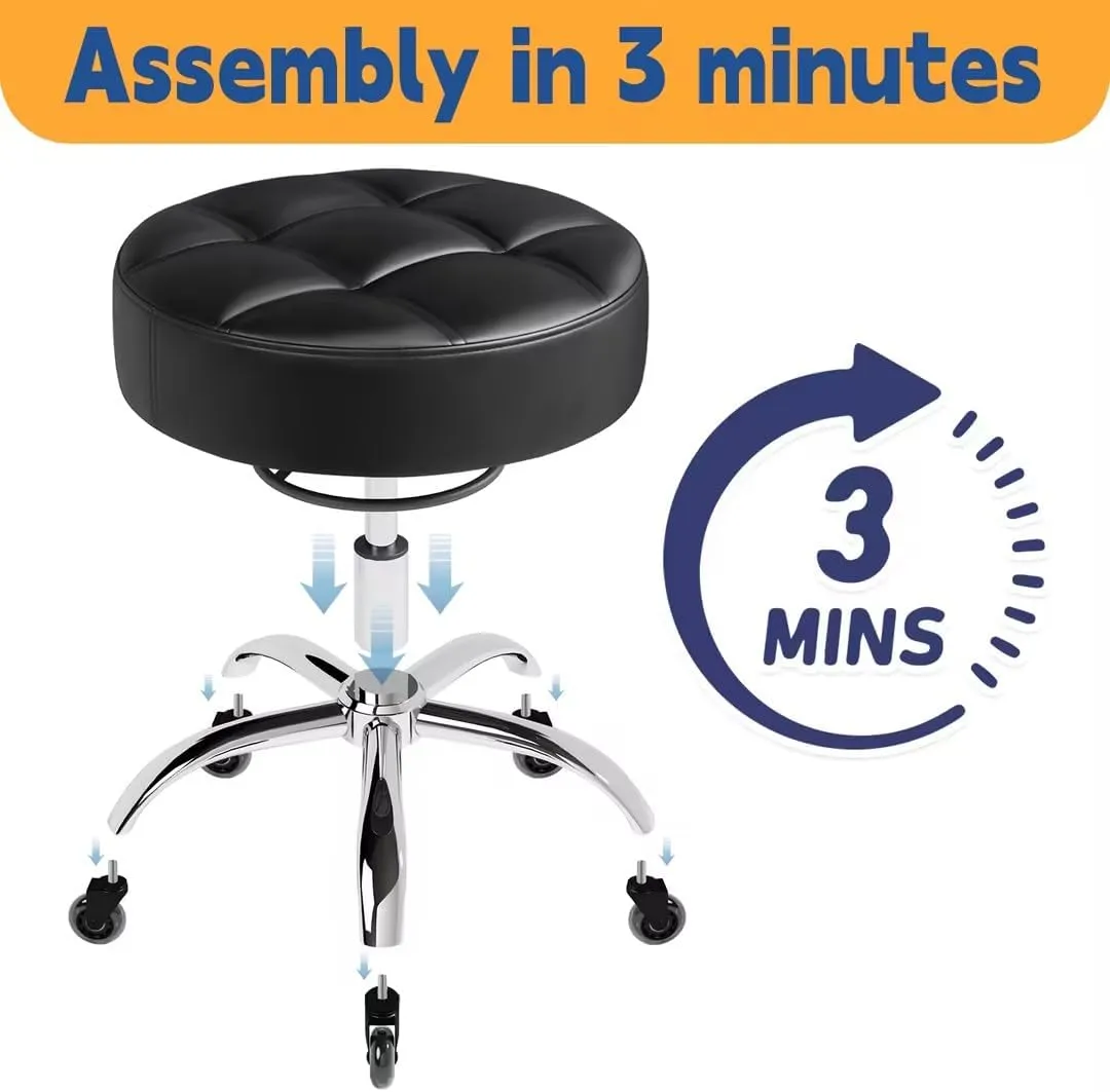 Rolling Stool Heavy Duty 400lb: Super Soft Seat Cushion,360° Swive,Height Adjustability,No Squeaky Noises,No Tip Over,New Upgraded Stool Salon Stool Chair, Tattoo Facial Massage Spa Medical (Black)