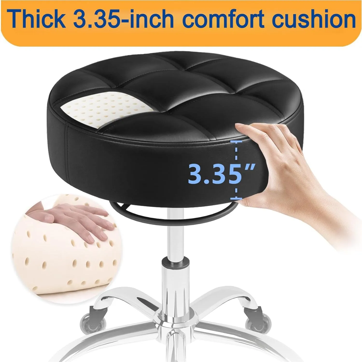 Rolling Stool Heavy Duty 400lb: Super Soft Seat Cushion,360° Swive,Height Adjustability,No Squeaky Noises,No Tip Over,New Upgraded Stool Salon Stool Chair, Tattoo Facial Massage Spa Medical (Black)