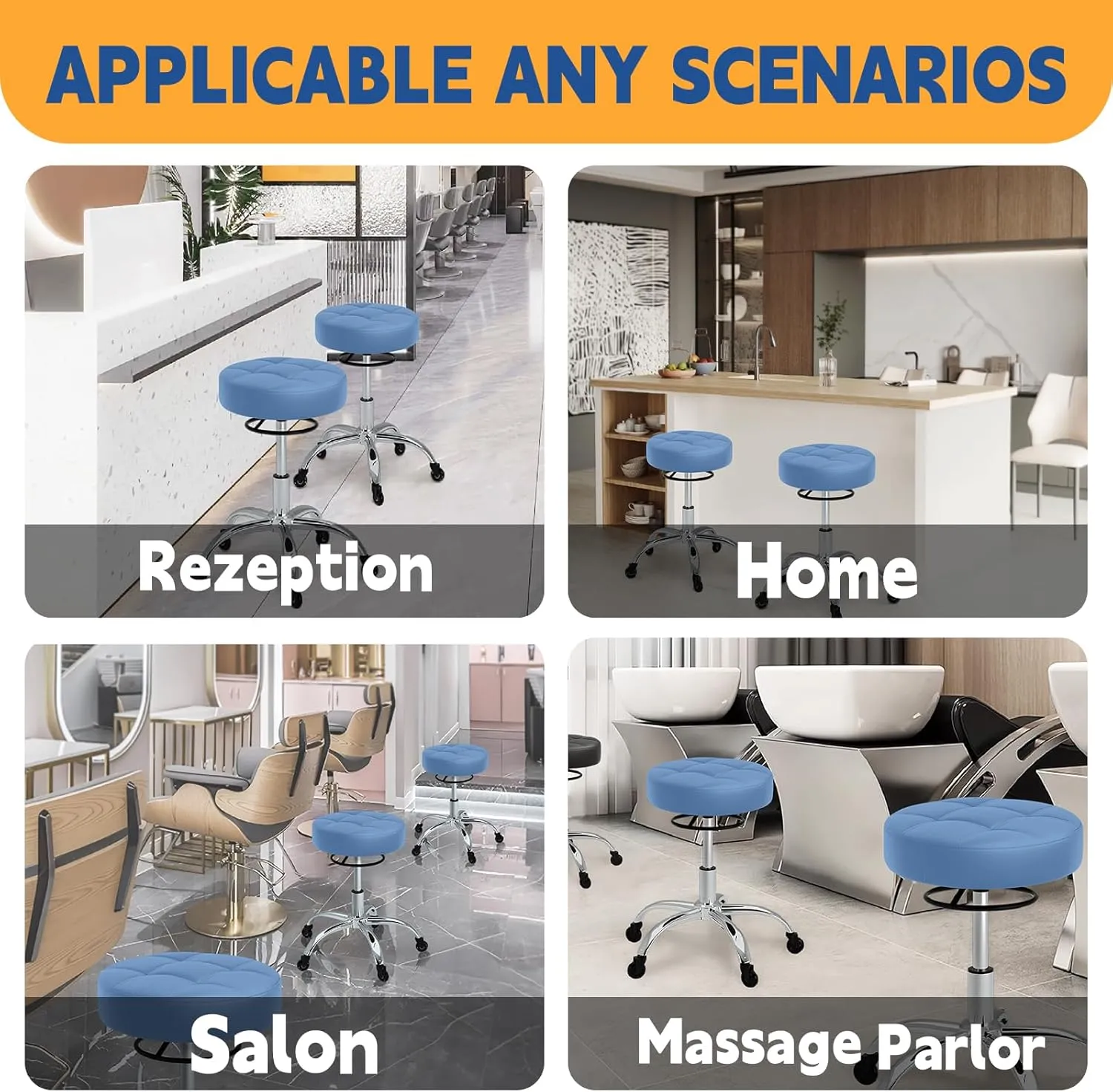 Rolling Stool Heavy Duty 400lb: Super Soft Seat Cushion,360° Swive,Height Adjustability,No Squeaky Noises,No Tip Over,New Upgraded Stool Salon Stool Chair, Tattoo Facial Massage Spa Medical (Blue)