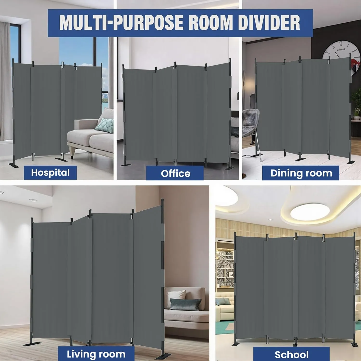 Room Divider, 4 Panel Upgraded Velcro Folding Privacy Screen, 88” Highly Secretive Separation with 3 Metal Feet, Partition Screen, Lightweight Freestanding Wall Divider Bedroom (Grey)