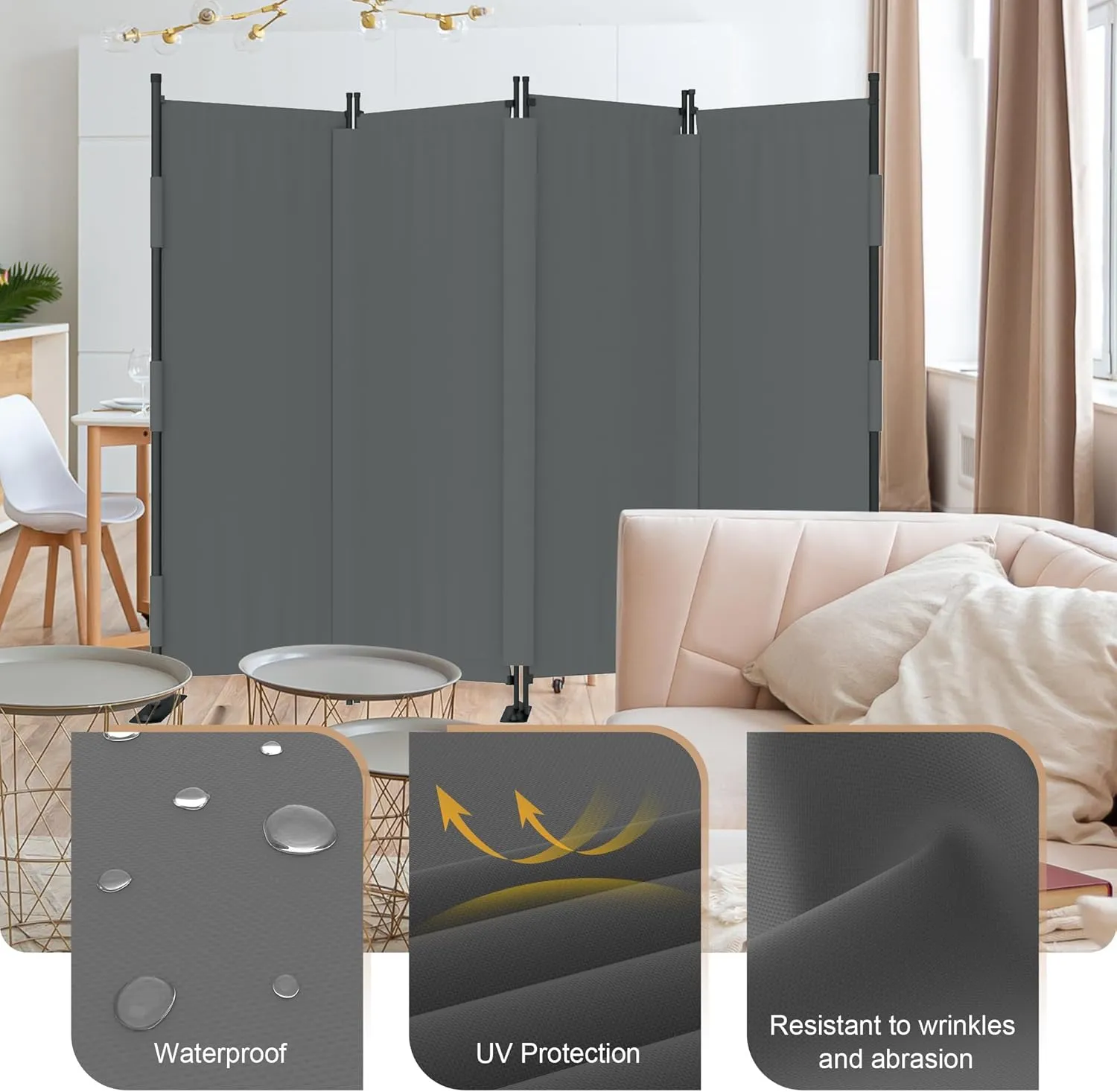 Room Divider, 4 Panel Upgraded Velcro Folding Privacy Screen, 88” Highly Secretive Separation with 3 Metal Feet, Partition Screen, Lightweight Freestanding Wall Divider Bedroom (Grey)