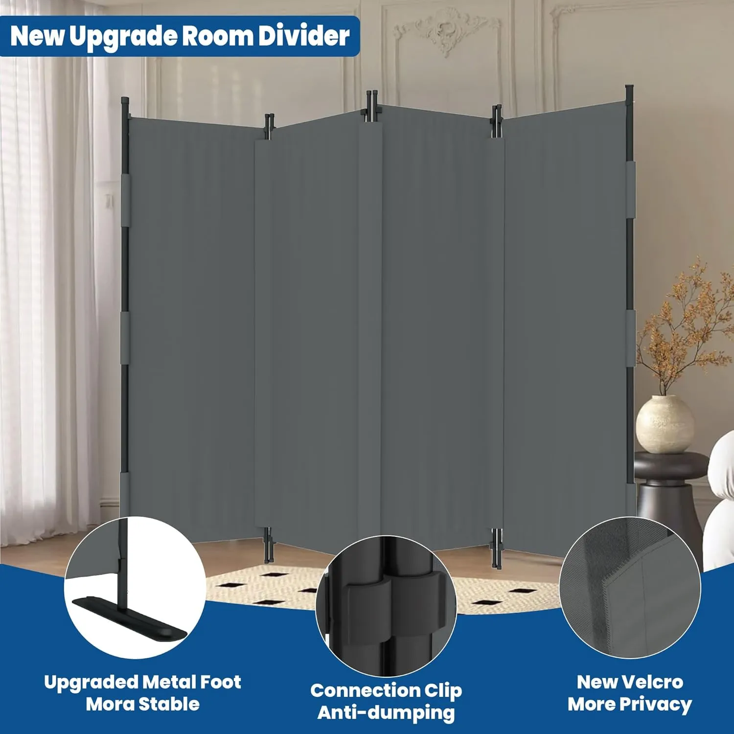 Room Divider, 4 Panel Upgraded Velcro Folding Privacy Screen, 88” Highly Secretive Separation with 3 Metal Feet, Partition Screen, Lightweight Freestanding Wall Divider Bedroom (Grey)