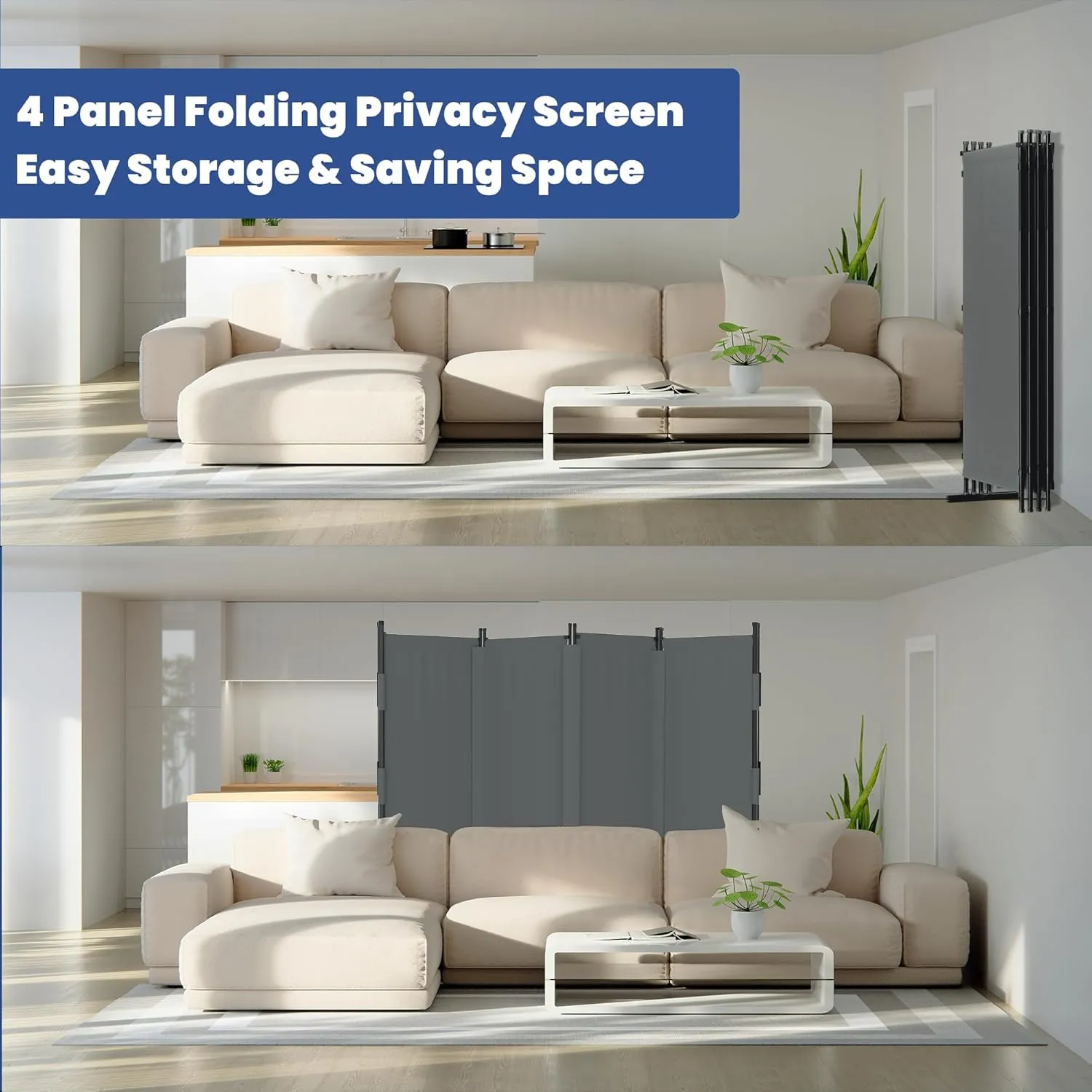 Room Divider, 4 Panel Upgraded Velcro Folding Privacy Screen, 88” Highly Secretive Separation with 3 Metal Feet, Partition Screen, Lightweight Freestanding Wall Divider Bedroom (Grey)
