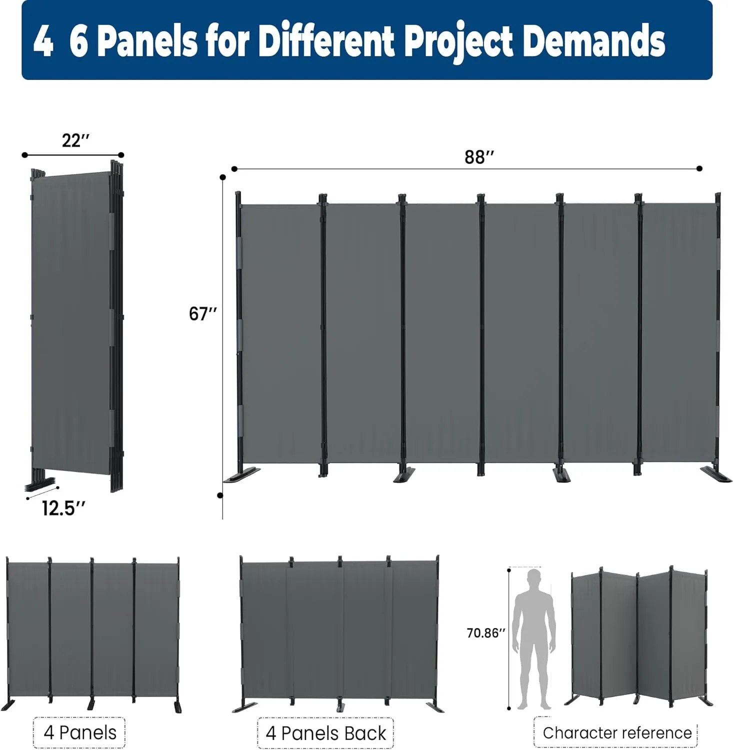 Room Divider, 4 Panel Upgraded Velcro Folding Privacy Screen, 88” Highly Secretive Separation with 3 Metal Feet, Partition Screen, Lightweight Freestanding Wall Divider Bedroom (Grey)