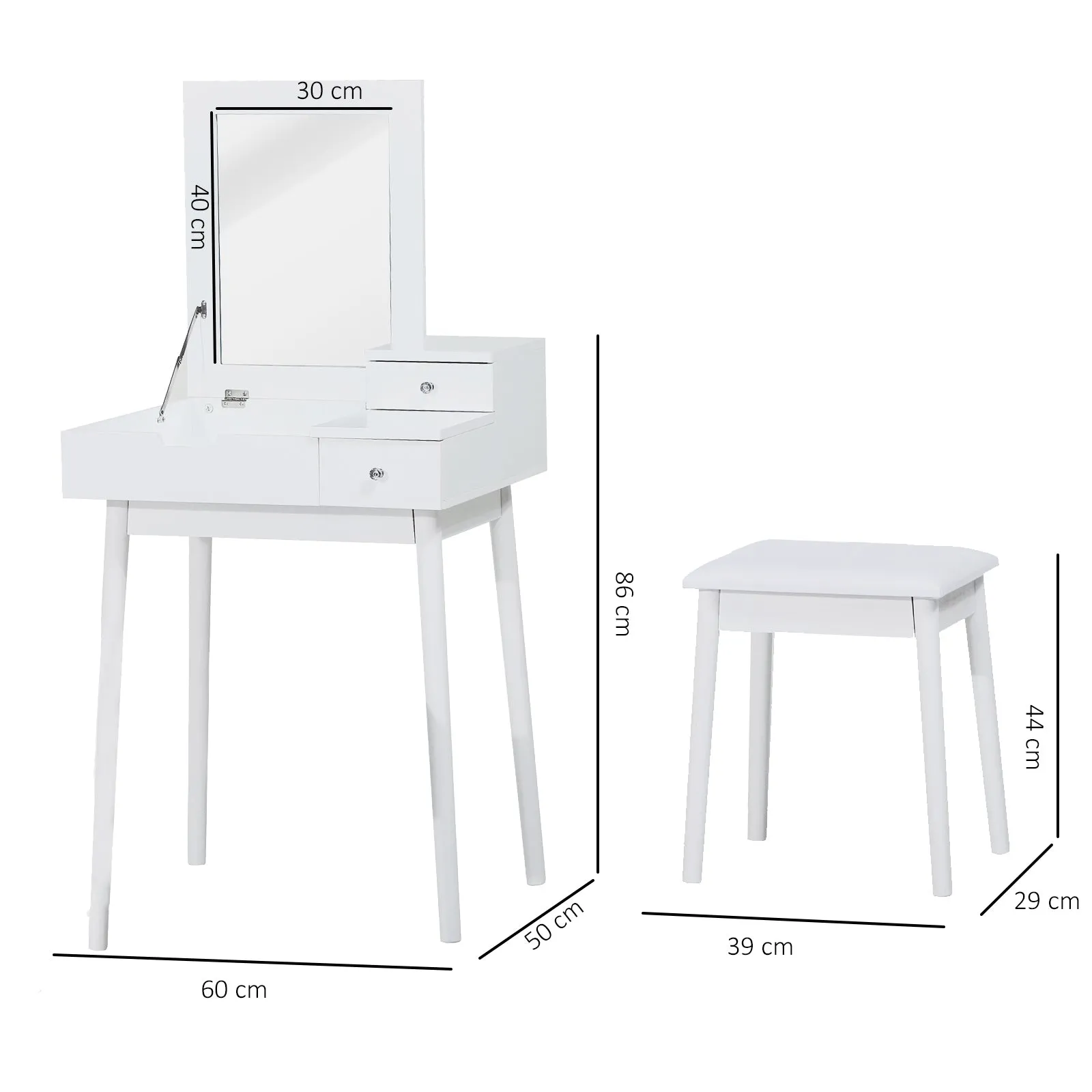 Rootz Dressing Table Set with Stool - Vanity Desk - Makeup Station - Foldable Mirror & Storage - MDF & Pine - 60cm x 50cm x 86cm