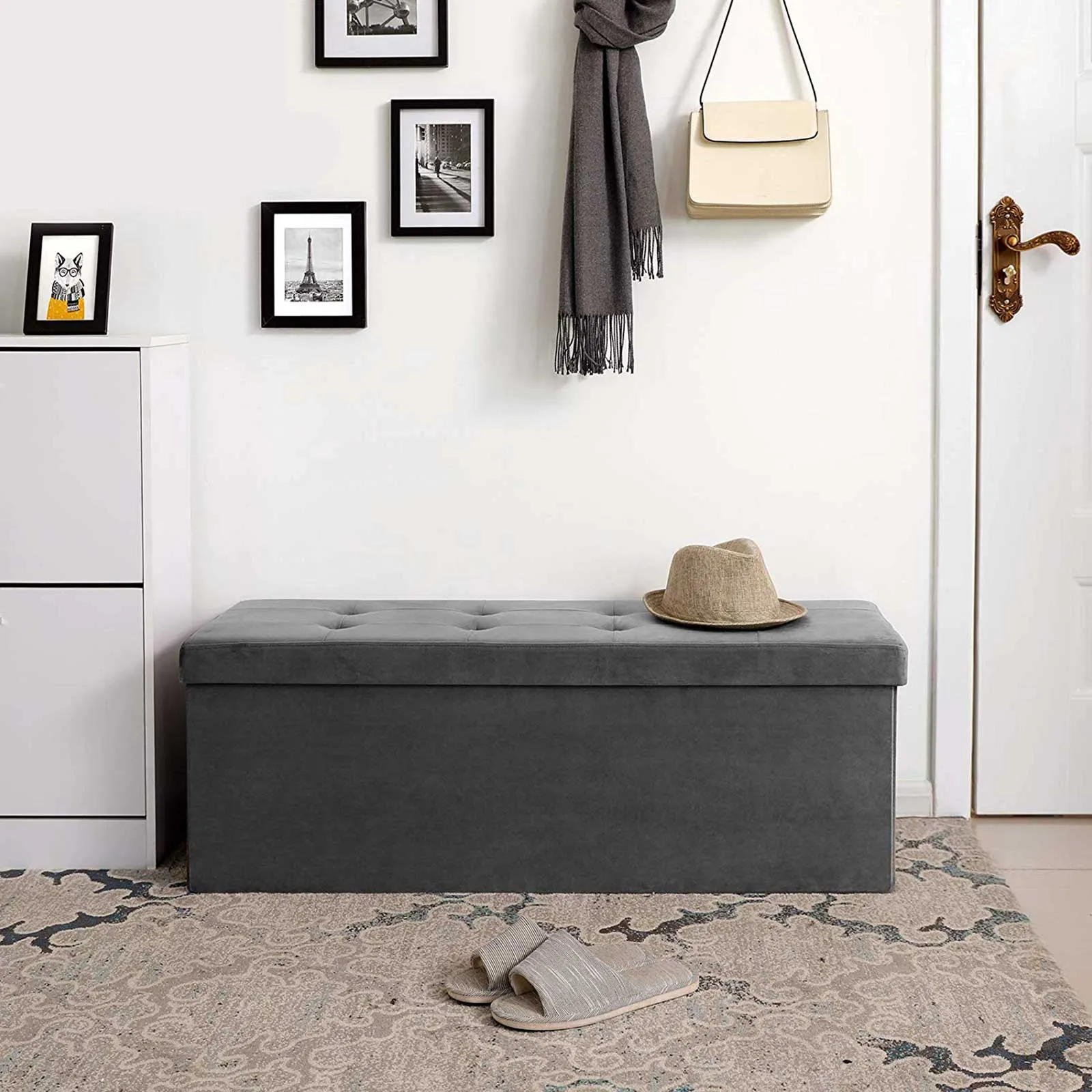 Rootz Foldable Storage Bench - Ottoman - Velvet Bench - MDF Bench - Sturdy and Durable - Comfortable Foam Padding - Space Saving Design - 110cm x 38cm x 38cm