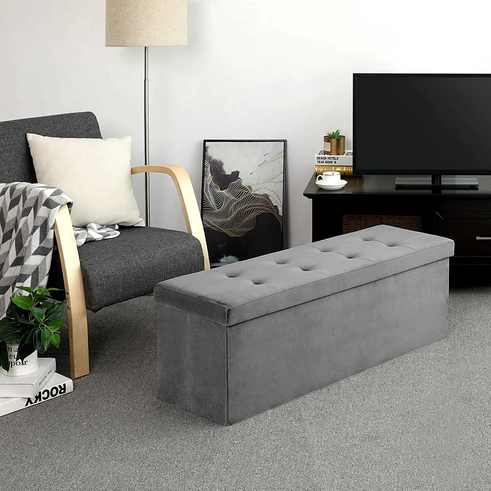Rootz Foldable Storage Bench - Ottoman - Velvet Bench - MDF Bench - Sturdy and Durable - Comfortable Foam Padding - Space Saving Design - 110cm x 38cm x 38cm