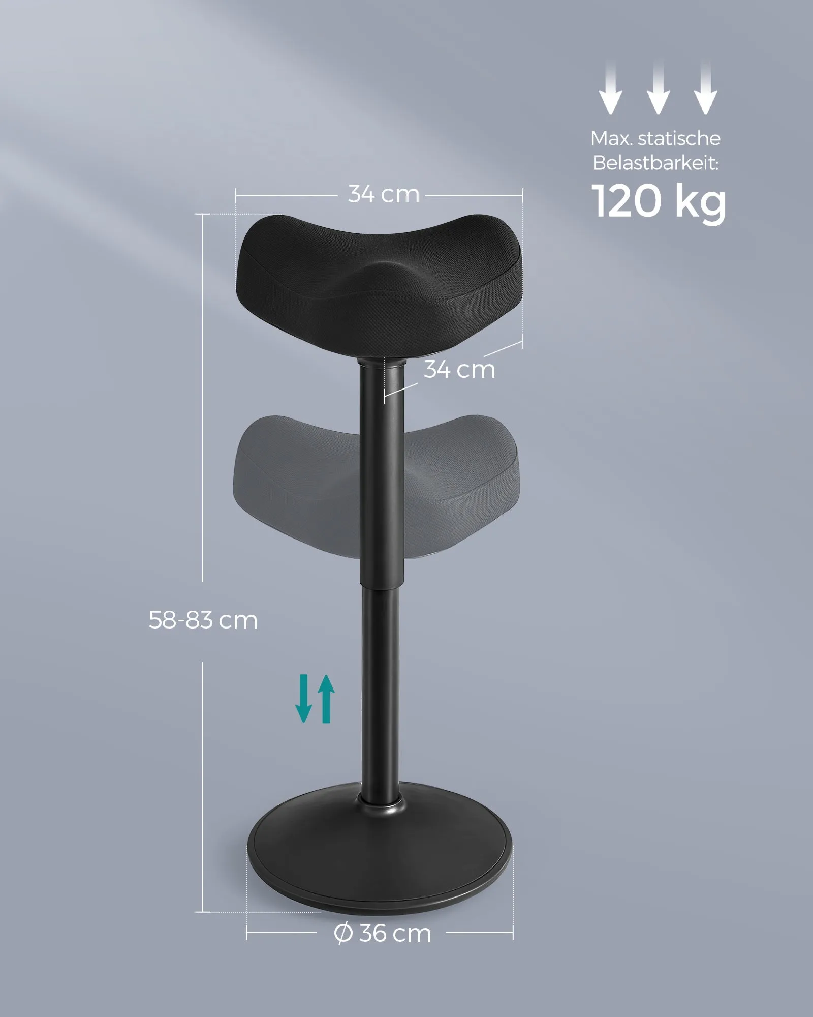 Rootz Standing Stool - Black Bar Stool - Adjustable Seat - Lightweight - Durable Construction - 58-83cm x 34cm x 36cm - 5.9kg - 120kg Capacity
