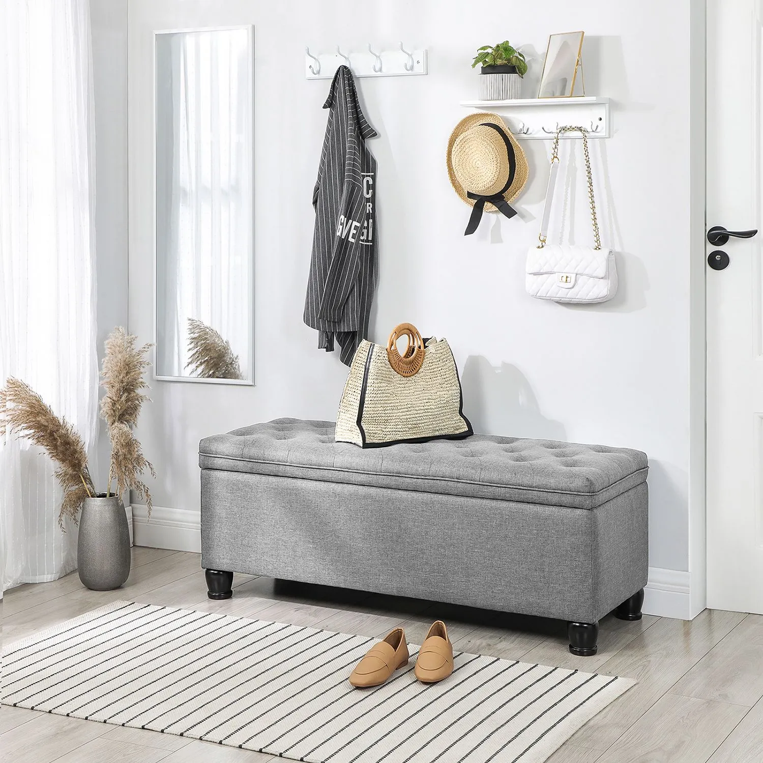 Rootz Storage Stool - Ottoman Bench - Grey - MDF - High-Density Foam - Spacious - 45cm x 118cm x 45cm