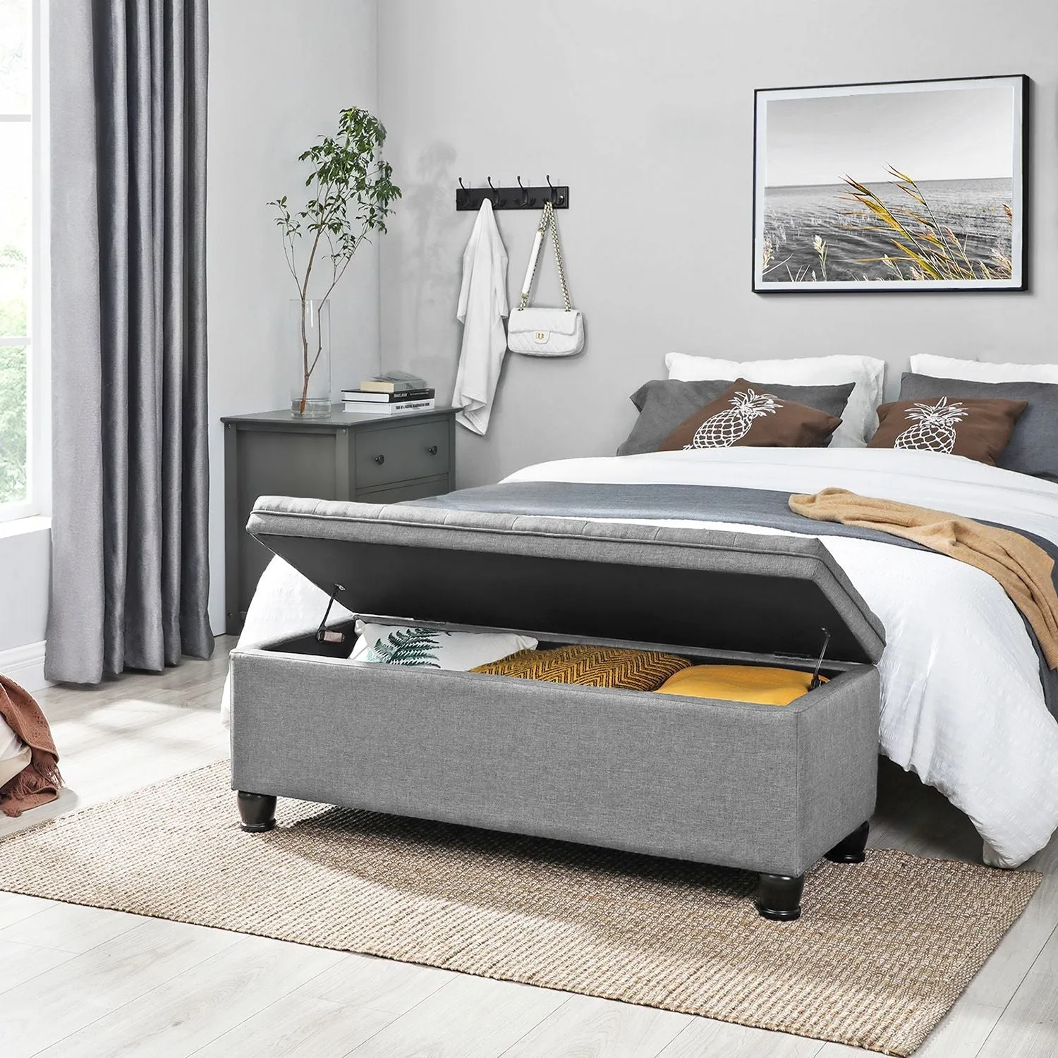 Rootz Storage Stool - Ottoman Bench - Grey - MDF - High-Density Foam - Spacious - 45cm x 118cm x 45cm
