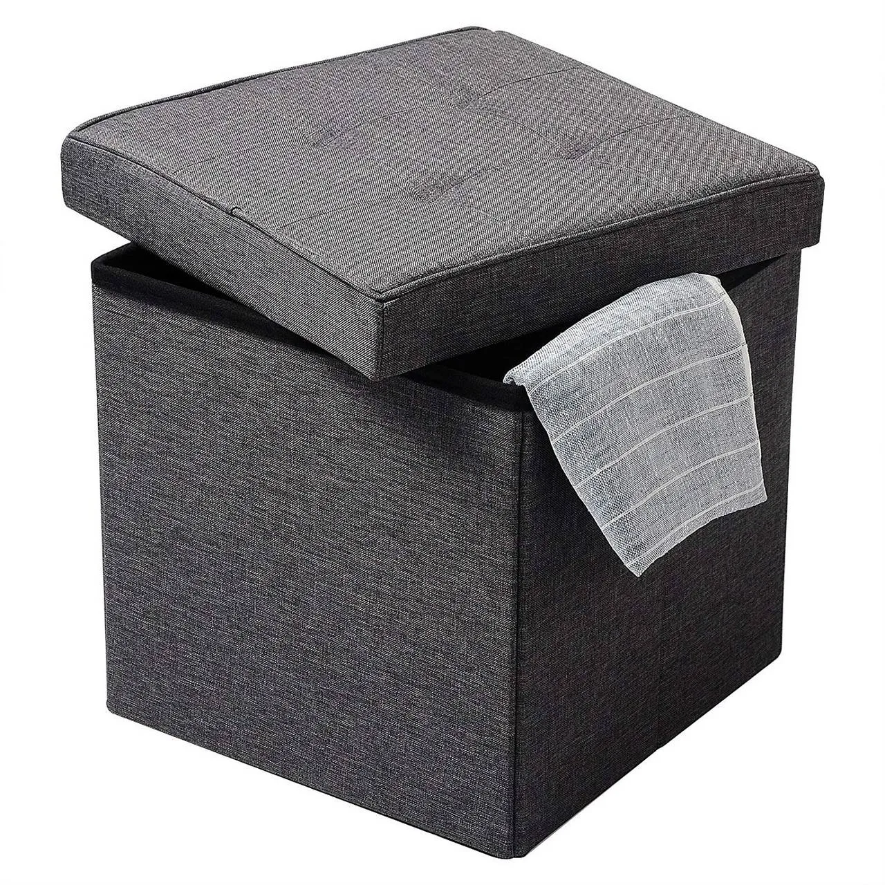 Rootz Storage Stool - Ottoman Bench - Linen Seat - 37.5cm x 38cm x 37.5cm - Support 300kg - Foldable - Versatile - Brown/Gray/White