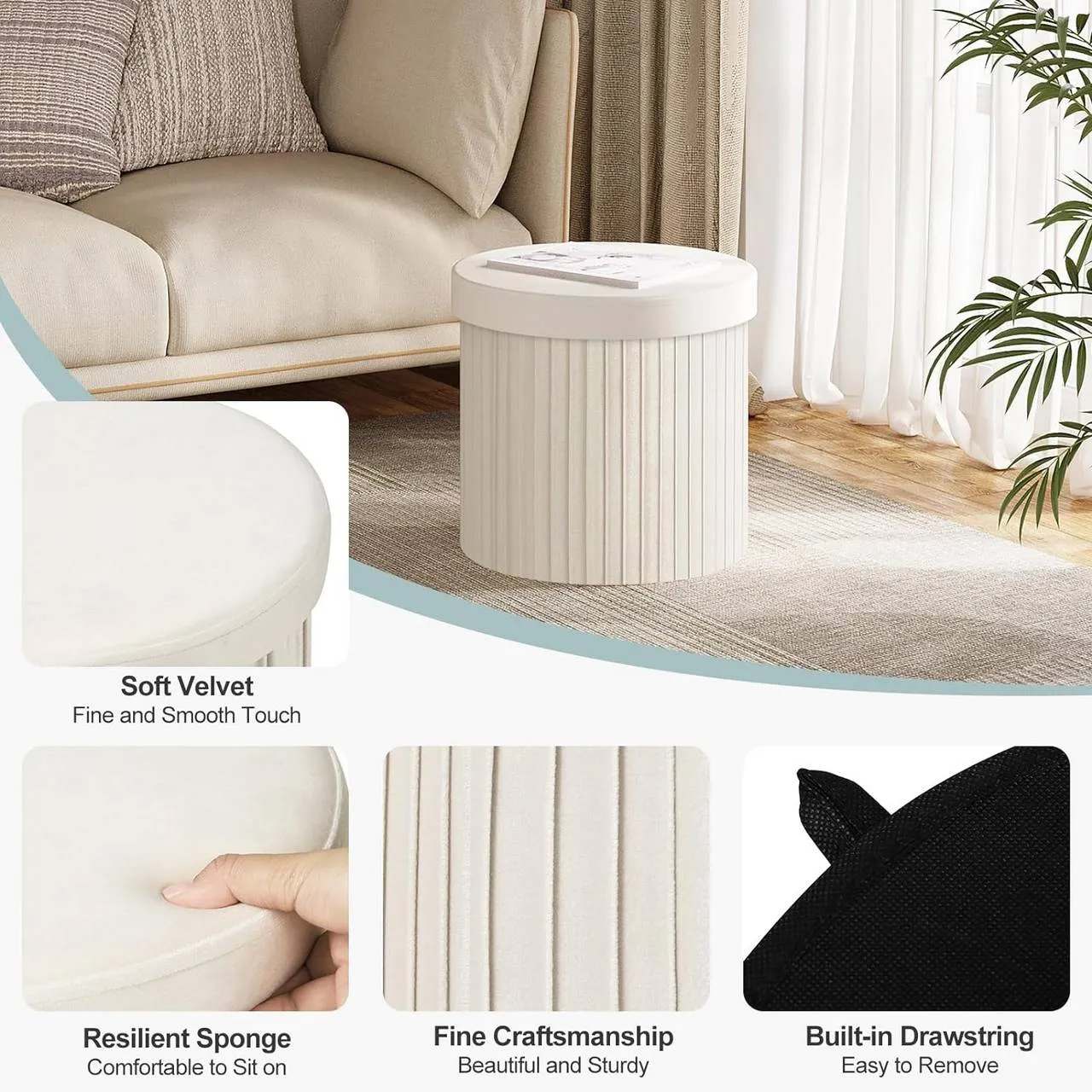Rootz Storage Stool - Ottoman - Footstool - Soft & Robust - 38cm x 36cm - Cream/Light Gray - 30L Capacity - E1 MDF Frame - Velvet Cover