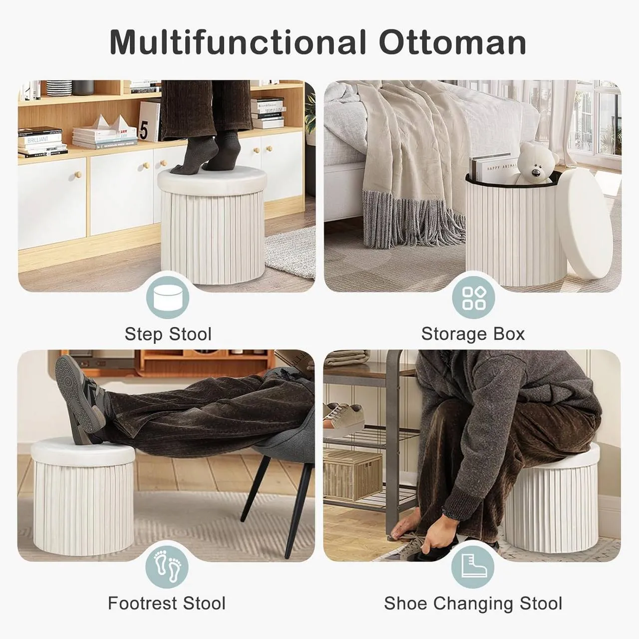 Rootz Storage Stool - Ottoman - Footstool - Soft & Robust - 38cm x 36cm - Cream/Light Gray - 30L Capacity - E1 MDF Frame - Velvet Cover