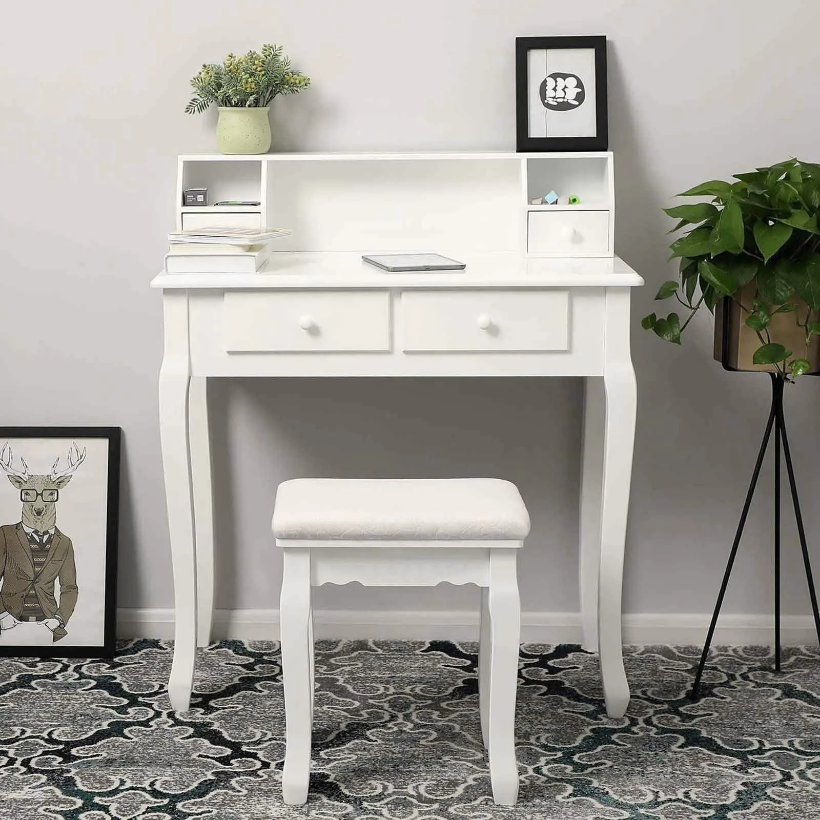 Rootz Upholstered Stool - Makeup Stool - Vanity Seat - Solid Wood Legs - MDF Seat - 45cm x 37cm x 28cm