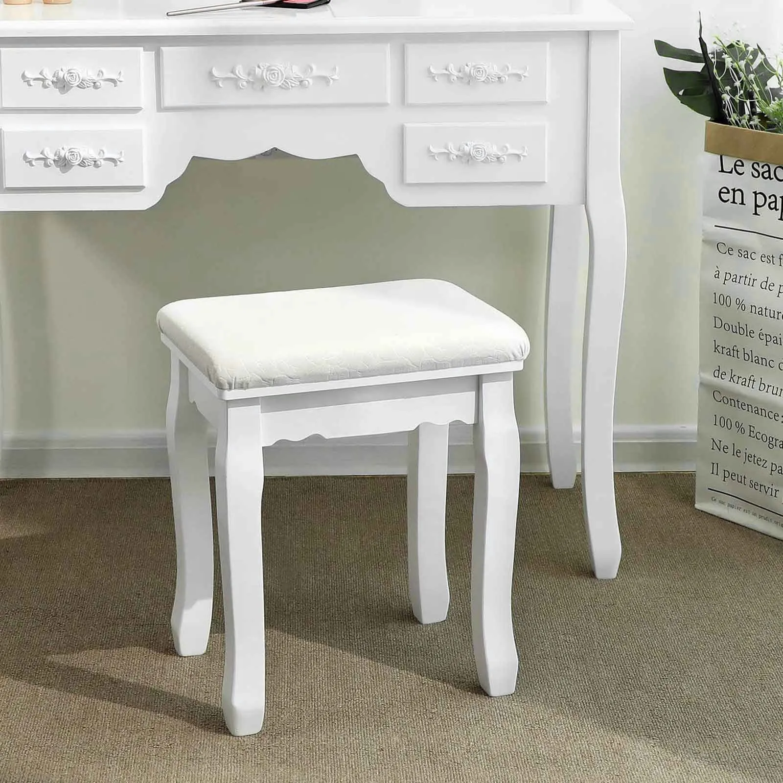 Rootz Upholstered Stool - Makeup Stool - Vanity Seat - Solid Wood Legs - MDF Seat - 45cm x 37cm x 28cm