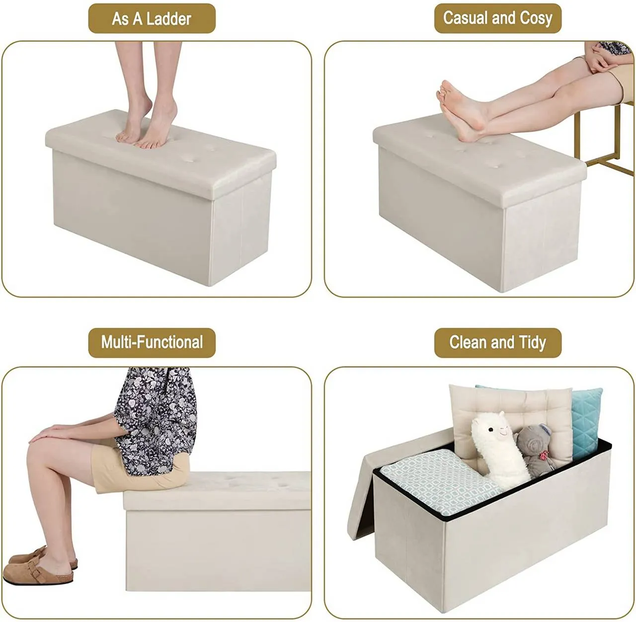 Rootz Velvet Storage Stool - Foldable Ottoman - Large Capacity - Stable Frame - 76cm x 38cm x 37.5cm