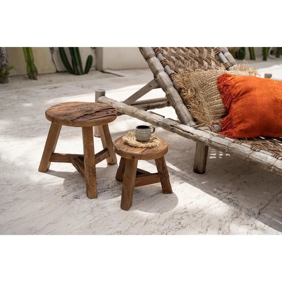 Rootz Yatai Stool - Natural - Rustic Stool - Upcycled Teak Seat - Enhances Interior Design - 40cm x 40cm x 33cm