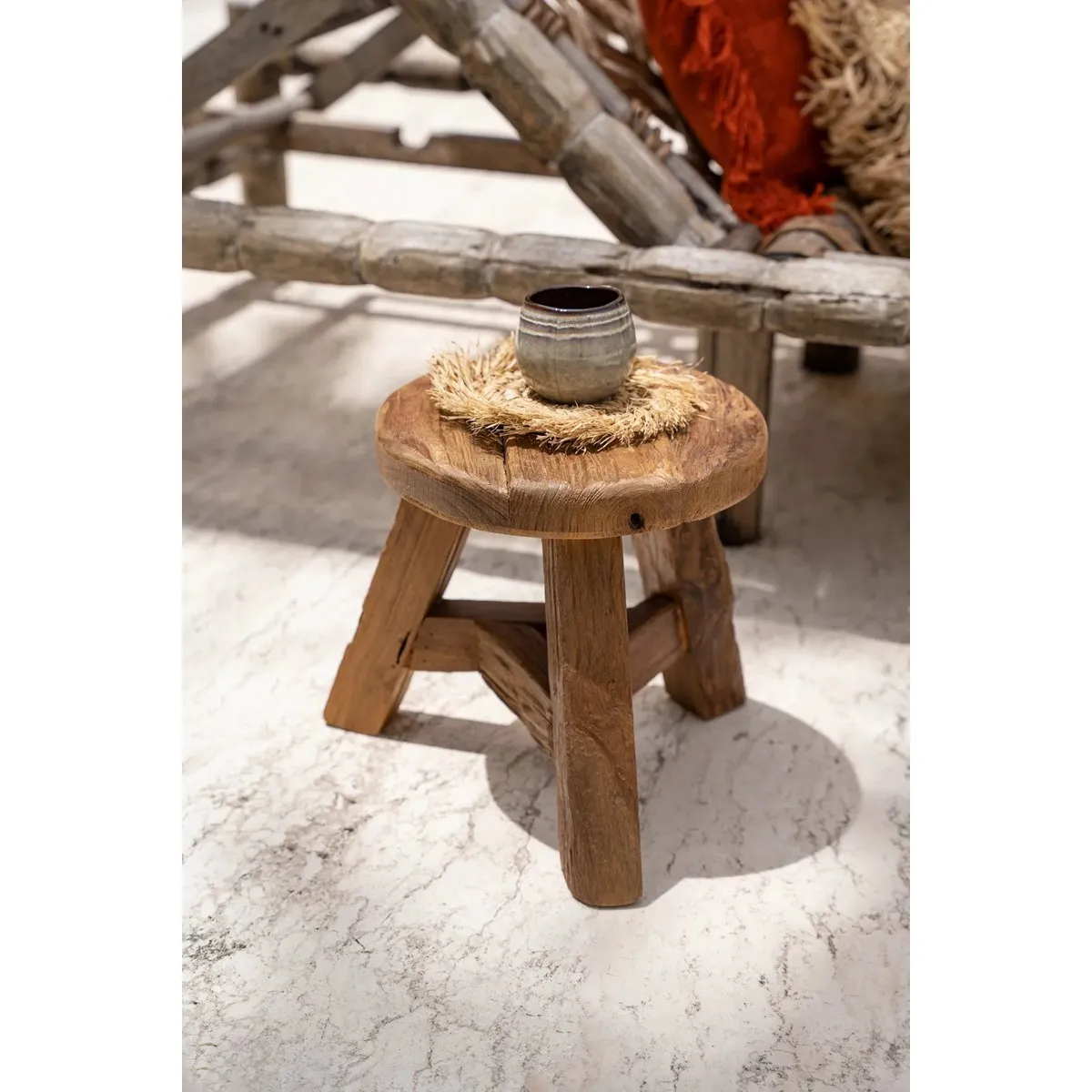 Rootz Yatai Stool - Natural - Rustic Stool - Upcycled Teak Seat - Enhances Interior Design - 40cm x 40cm x 33cm