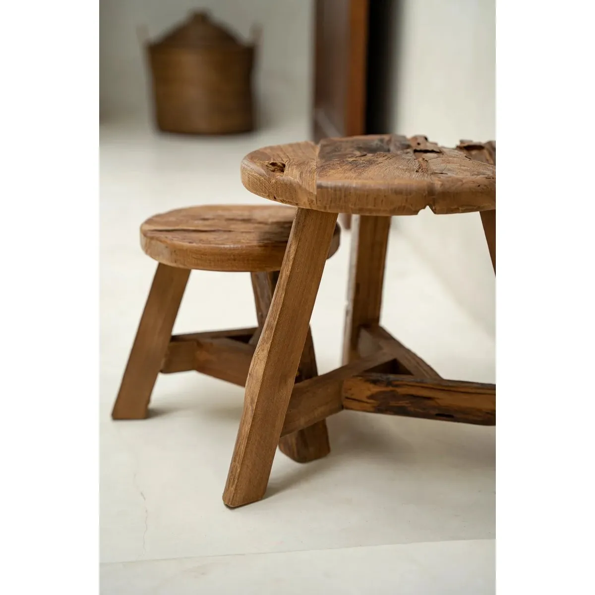 Rootz Yatai Stool - Natural - Rustic Stool - Upcycled Teak Seat - Enhances Interior Design - 40cm x 40cm x 33cm