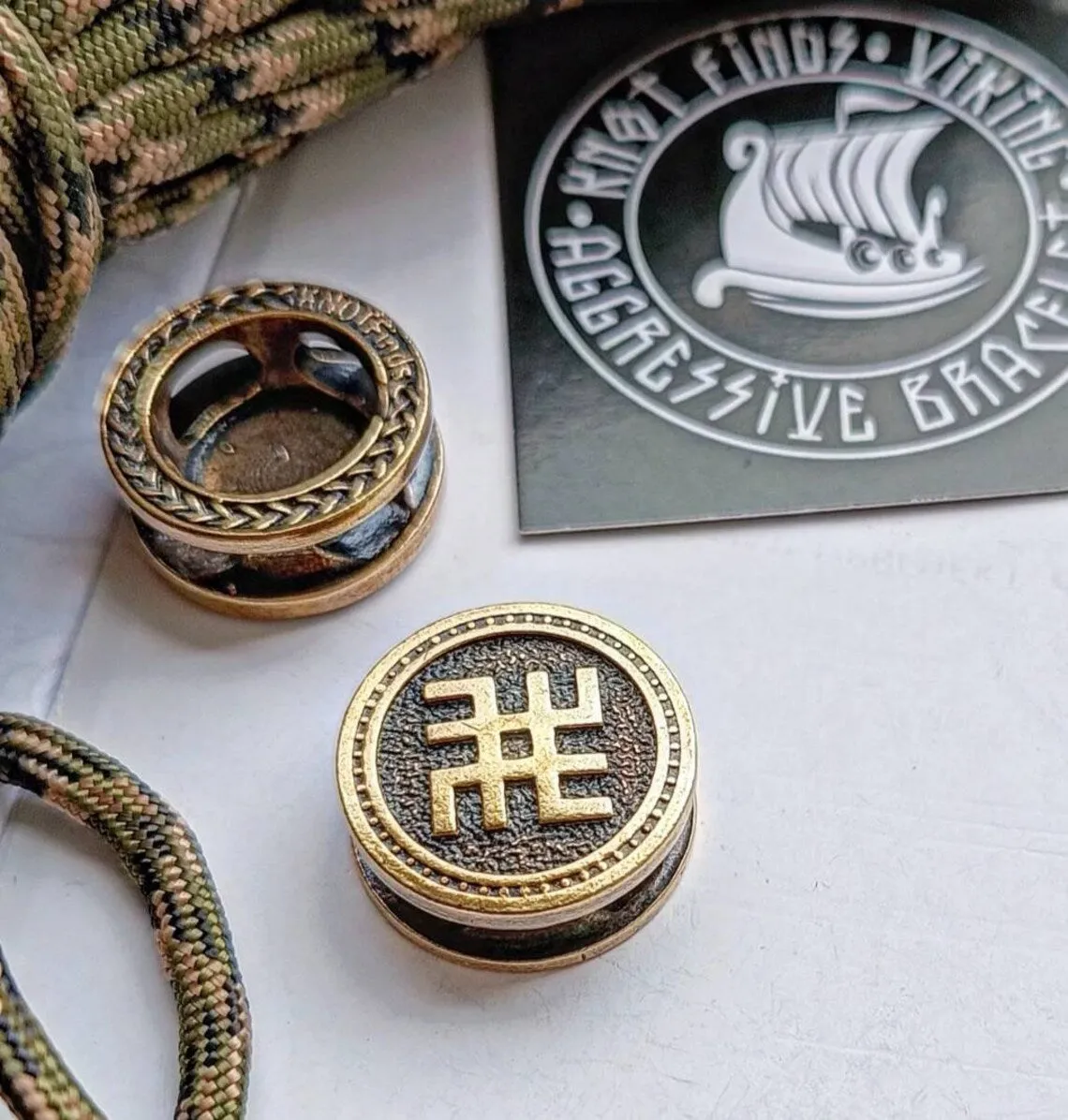 Round bead SVAROG for paracord bracelet. Brass bead for Bracelet. Protective amulet. Manual casting. Viking Jewelry. Men's Accessory.