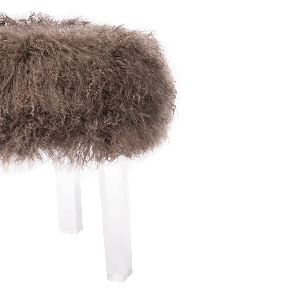 Round Lucite Stool in Dusty Mountain Tibetan Lamb Sheepskin